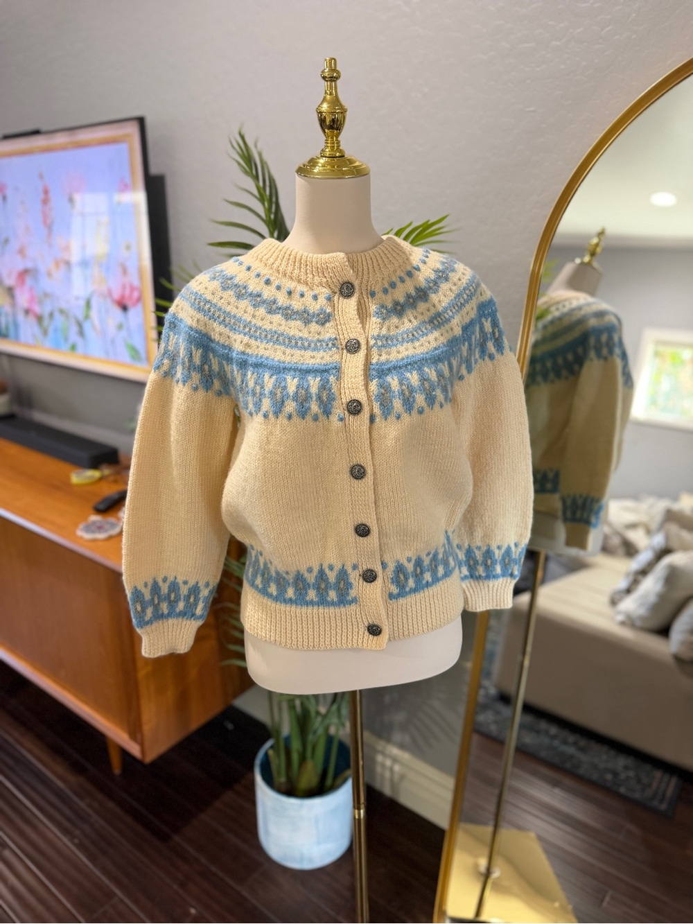 Dale of Norway Cream Cardigan with Light Blue Nordic Yoke